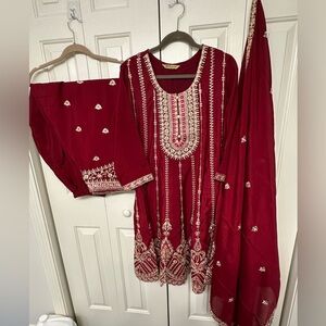 Elegant Red Embroidered Traditional Anarkali Outfit it's size 19.5”